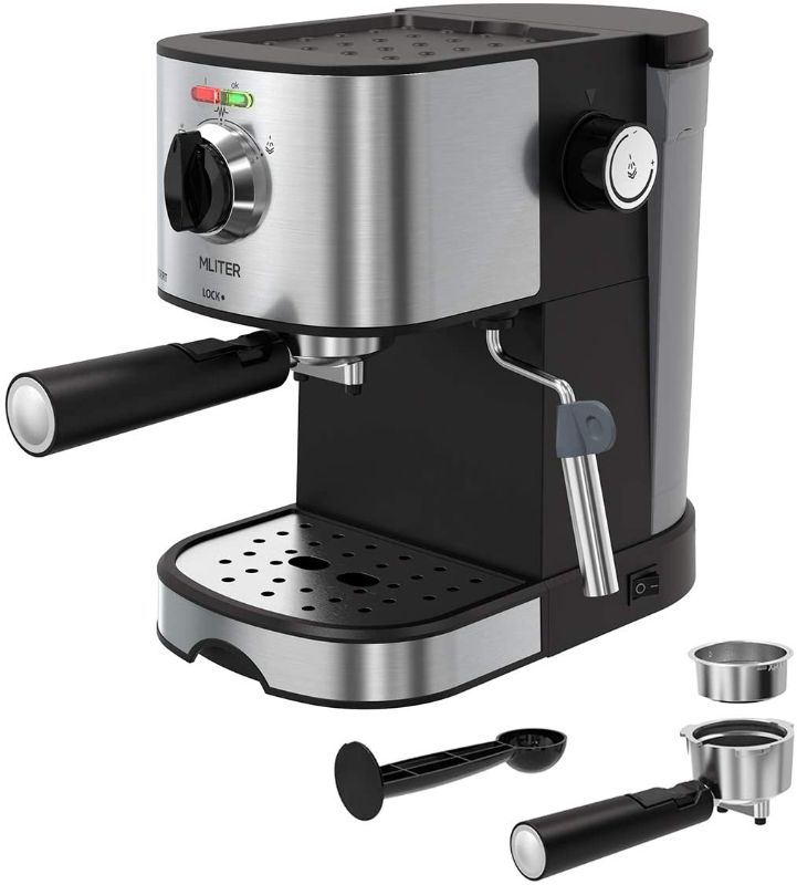 Photo 1 of MLITER Coffee Maker Espresso Cappuccino Coffe Machine with Pump, Steam Wand, Measuring Spoon with Tamper for Hot Drinks, Cappuccino, Home - Black
