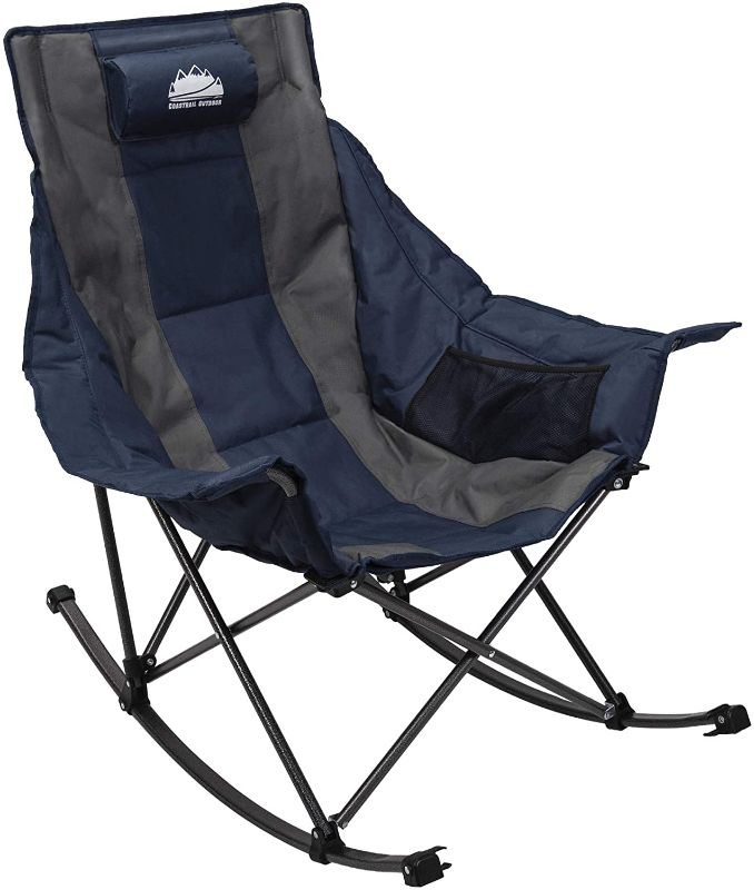Photo 1 of Coastrail Outdoor Camping Rocking Oversized Padded Portable Folding Rocker Chair for Outdoor, Porch, Backyard Patio, Lawn, Garden, 300lbs Weight Capacity, Carry Bag Included, Navy & Gray