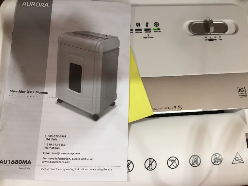 Photo 1 of Aurora Heavy Duty High Security 16Sheet MicroCut ShredderAntiJam60 Min Run Time 7Gallon Pullout Basket and Casters