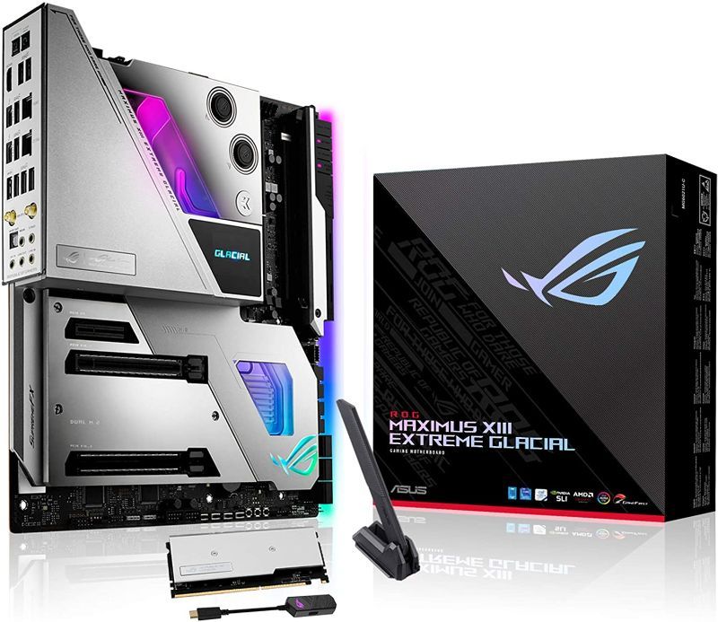 Photo 1 of ASUS ROG MAXIMUS XIII EXTREME GLACIAL (WIFI 6E) Z590 LGA 1200(INTEL 11TH) EATX GAMING MOTHERBOARD (PCIE 4.0,18+2 POWER STAGES,INTEGRATED EK WATER BLOCK, 5XM.2 SLOTS, 2XTHUNDERBOLT 4, 10 & 2.5GB LAN)