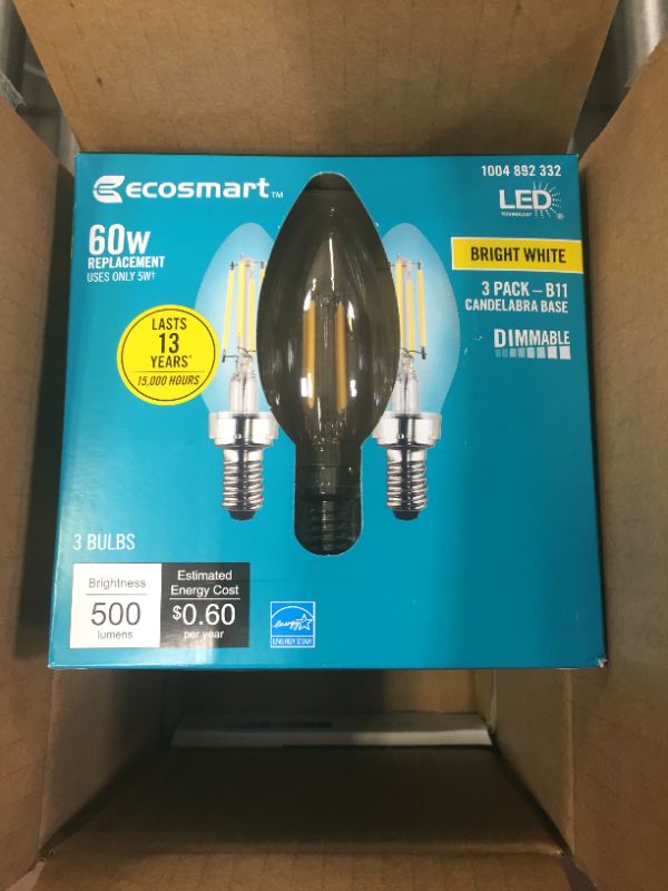 Photo 2 of 60-Watt Equivalent B11 Dimmable ENERGY STAR Clear Glass Filament LED Vintage Edison Light Bulb Bright White (3-Pack) 4 Boxes