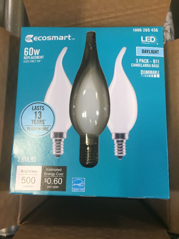 Photo 2 of 60-Watt Equivalent B11 Dimmable Flame Bent Tip Frosted Glass Filament LED Vintage Edison Light Bulb Daylight (3-Pack)