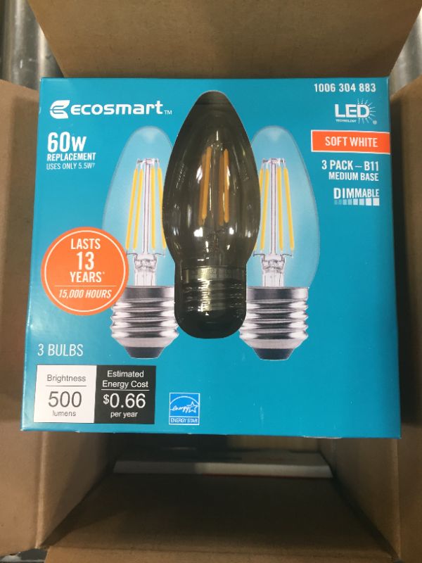 Photo 3 of 60-Watt Equivalent B11 Dimmable Blunt Tip Candle Clear Glass Filament LED Vintage Edison Light Bulb Soft White (3-Pack) 4 Boxes