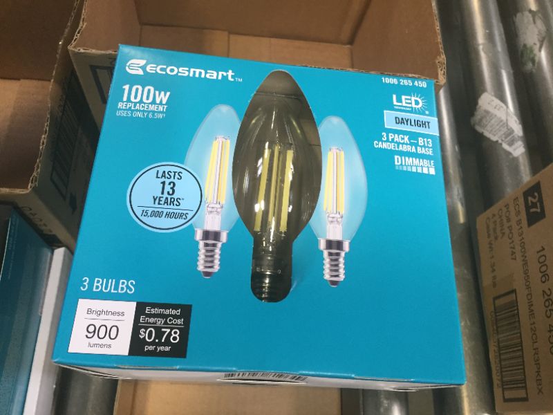 Photo 4 of 100-Watt Equivalent B13 Dimmable Blunt Tip Candle Clear Glass Filament LED Vintage Edison Light Bulb Daylight (3-Pack) 4 Boxes