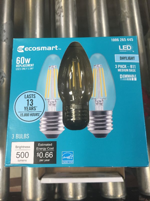 Photo 3 of 60-Watt Equivalent B11 Dimmable Blunt Tip Candle Clear Glass Filament LED Vintage Edison Light Bulb Daylight (3-Pack)