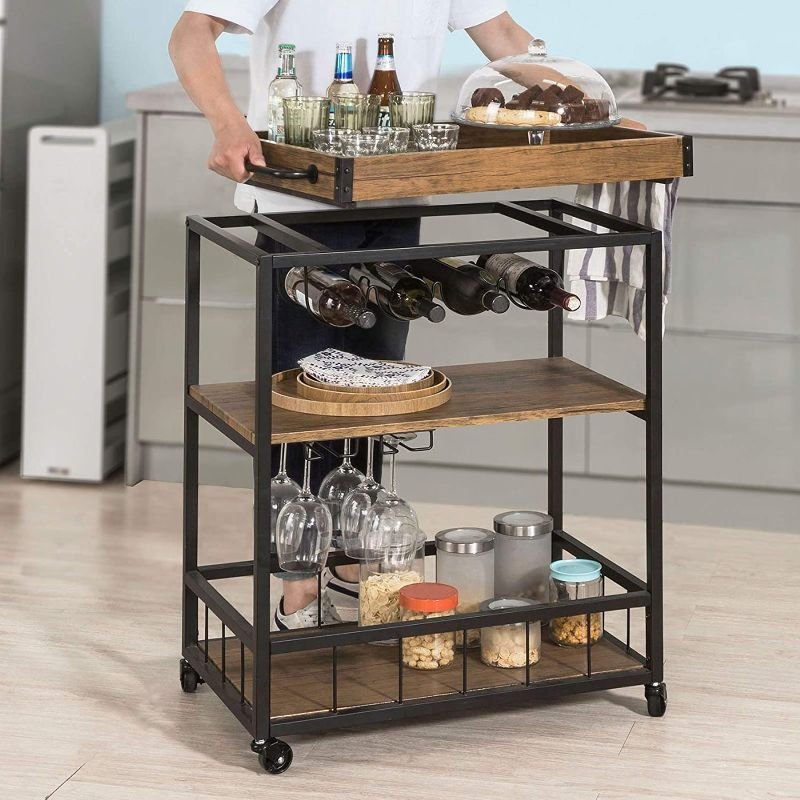 Photo 1 of Haotian FKW56-HG Modern Design 3 Tiers Kitchen Trolley Serving Trolley with Wine Rack Metal & MDF (Grey)
