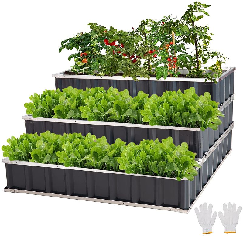 Photo 1 of FORTUNO 3 Tier Raised Garden Bed Metal Elevated Planting Box Kit 46.5x46.5x23.6 Inch Outdoor Patio Steel Planter for Vegetables, Flowers, Herbs, Black
