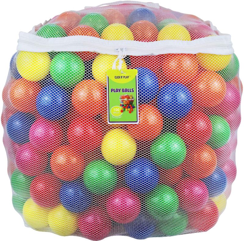 Photo 1 of Click N' Play Pack of 100 Phthalate Free BPA Free Crush Proof Plastic Ball, Pit Balls - 6 Bright Colors in Reusable and Durable Storage Mesh Bag with Zipper
