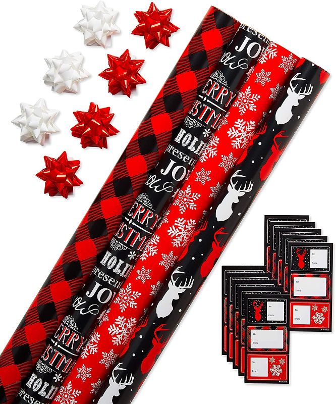 Photo 1 of **INCOMPLETE**
American Greetings Christmas Wrapping Paper Kit with Gridlines, Bows and Gift Tags, Red, Black and White, Plaid, Reindeer and Snowflakes 