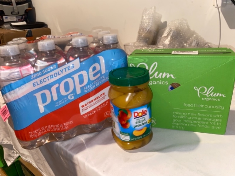 Photo 3 of 3PC LOT
Plum Organics Mighty 4, EXP 11/16/2021

Propel, Watermelon, Zero Calorie Sports Drinking Water with Electrolytes and Vitamins C&E, 16.9 Fl Oz (12 Count), EXP 01/10/2022

Dole Yellow Cling Sliced Peaches in 100% Fruit Juice, 23.5 Oz Resealable Jar,