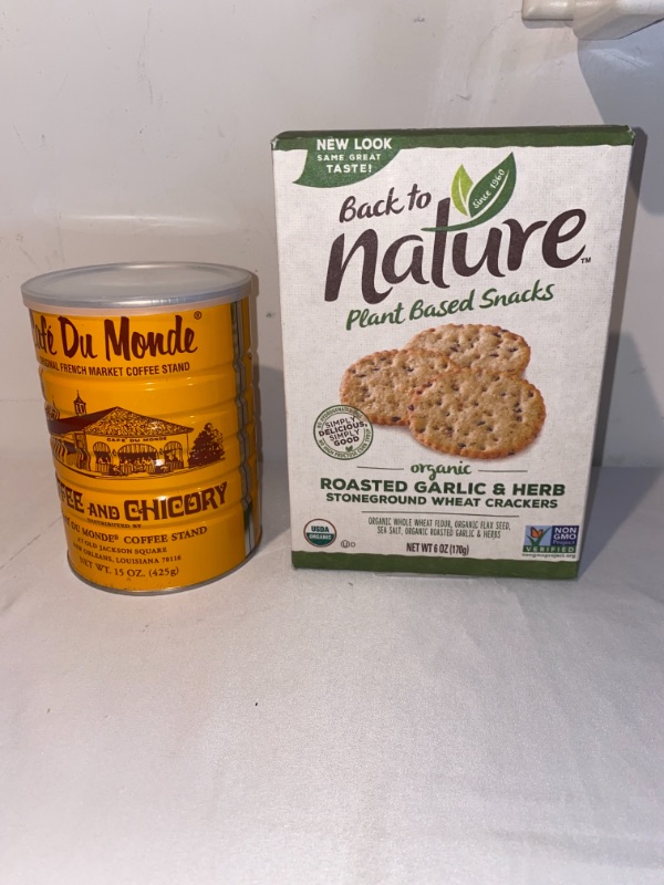 Photo 2 of 2PC LOT
Back to Nature Plant Based Snacks Organic Roasted Garlic Herb Stoneground Wheat Crackers 6 oz. Box, EXP 09/09/2021

Cafe Du Monde Coffee Chicory, 15 Ounce Ground, EXP 08/22/2022