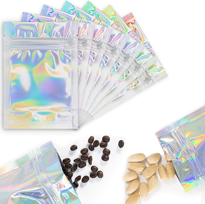 Photo 1 of 120 pcs Holographic Mylar Resealable Bags for Packaging - 3.5x5.1" Edible Smell Proof Ziplock Baggies for Party Favor Food Storage - 3.5g Small Sealable Foil Pouch for Candy, Lip Gloss, Lash, Jewelry