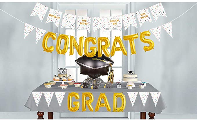 Photo 1 of 2PC LOT
2021 Graduation Decorations White and Gold, Includes 2 Graduation Pennant Banners & Congrats Grad Balloons, Graduation Party Supplies 2021 for Any Schools or Grades, 2 COUNT