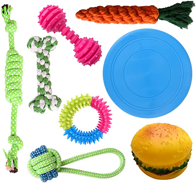 Photo 1 of khsm Dog Chew Toys for Puppy Teething, Durable Dog Toys for Aggressive Chewers Large Breed, 8 Pack Interactive Rubber Puppy Chew Toys Dog Rope Toys and Squeak Toys for Small and Medium Dogs