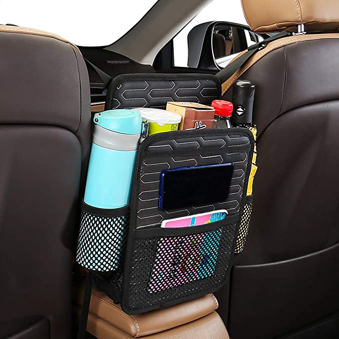 Photo 1 of ABE Car Seat Organizer,Leather Car Storage Organizer Front Seat,Car Organizers and Storage for Kids Back Seat,Car Net Pocket Handbag Holder,Purse Holder,Dog Car Barrier (Black)