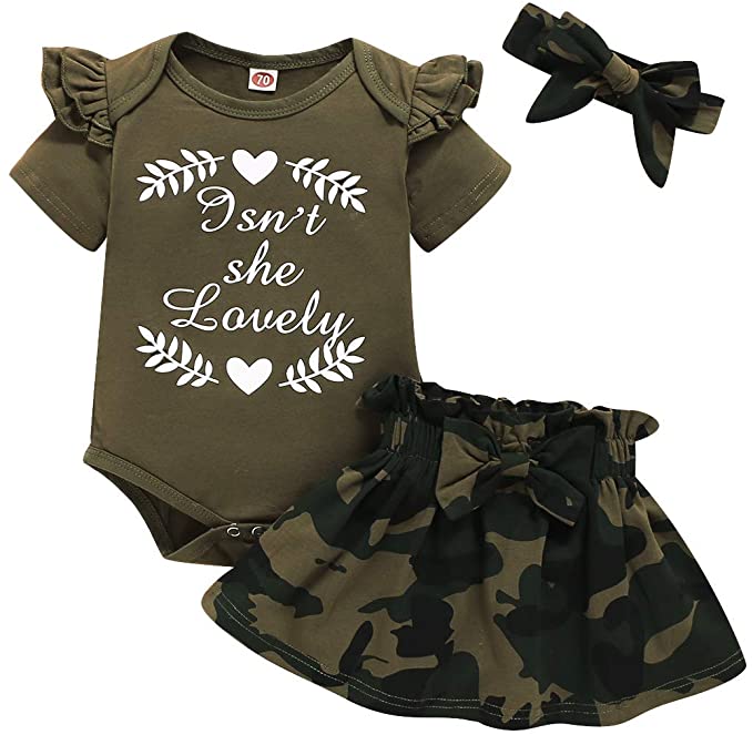 Photo 1 of Baby Girls Camouflage Skirt Set Ruffle Flutter Sleeve Bodysuit Romper+Bowknot Tutu Skirt+Headband Summer Shorts Set
SIZE 0-3mo