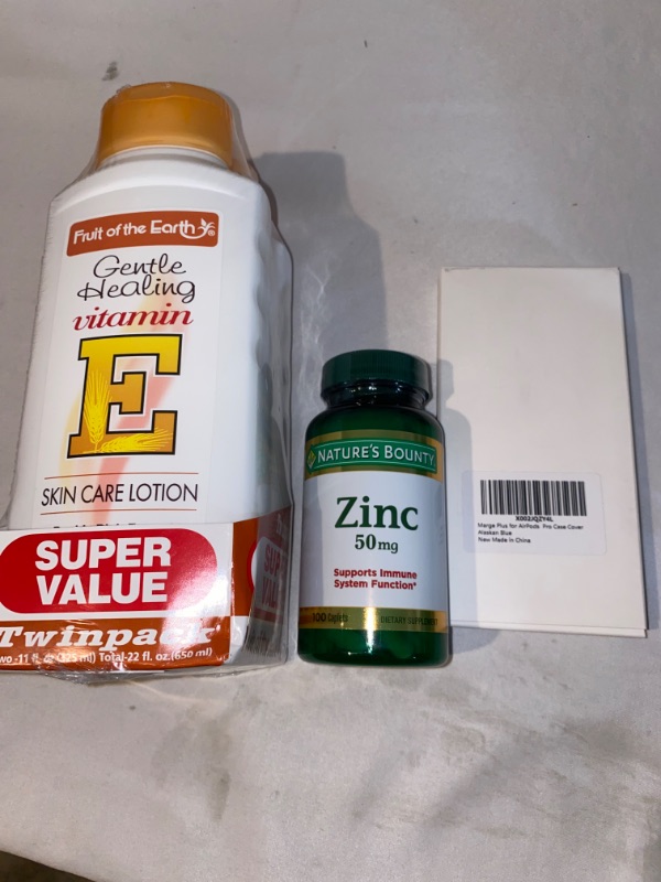 Photo 4 of 3PC LOT
Fruit Of The Earth Bogo Lotion Vitamin-E 11 Ounce (Pack of 2)

Nature's Bounty Zinc (Zinc Gluconate) 50 mg, 100 Caplets, EXP UNKNOWN

Marge Plus Airpods Pro Case Cover, Premium Silicone Cover Shock Resistant Case with Carabiner Compatible with Air