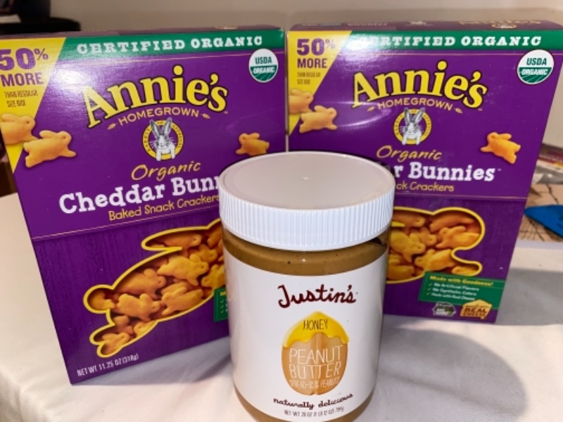 Photo 2 of 3PC LOT
Annie's Baked Snack Crackers, Organic, Cheddar Bunnies - 11.25 oz, 2 COUNT
EXP 10/16/2021

Justin's Nut Butter Honey Peanut Butter, 28 Ounce (Pack of 1), EXP 10/13/2021