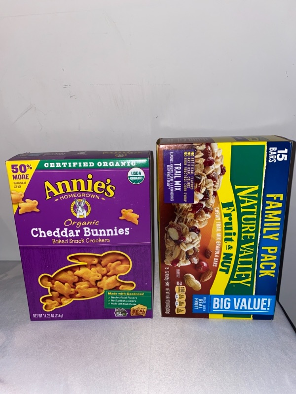 Photo 4 of 3PC LOT
Nature Valley Granola Fruit and Nut Bars, Chewy Trail Mix, 15 ct, EXP 08/13/2021

Annie's Organic Cheddar Bunnies Baked Snack Crackers, 11.25 oz, EXP 10/16/2021

SAPPORO ICHIBAN Instant Ramen (TONKOTSU) (5 Count of 3.7 Ounce Packs), 18.5 Ounce