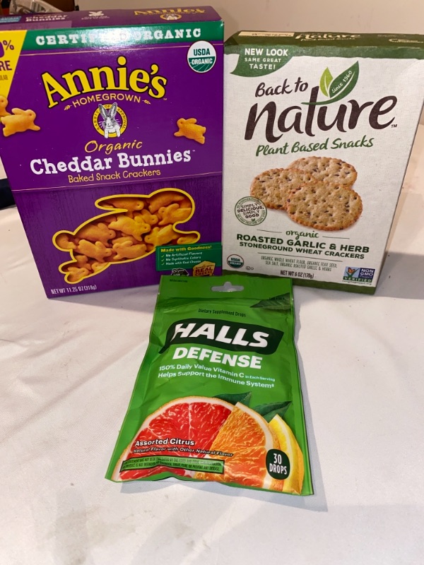 Photo 4 of 3PC LOT
Back to Nature Plant Based Snacks Organic Roasted Garlic Herb Stoneground Wheat Crackers 6 oz. Box, EXP 09/09/2021

Annie's Organic Cheddar Bunnies Baked Snack Crackers, 11.25 oz, EXP 10/16/2021

Halls VIT C Drops Size 30ct Halls Defense Vitamin C