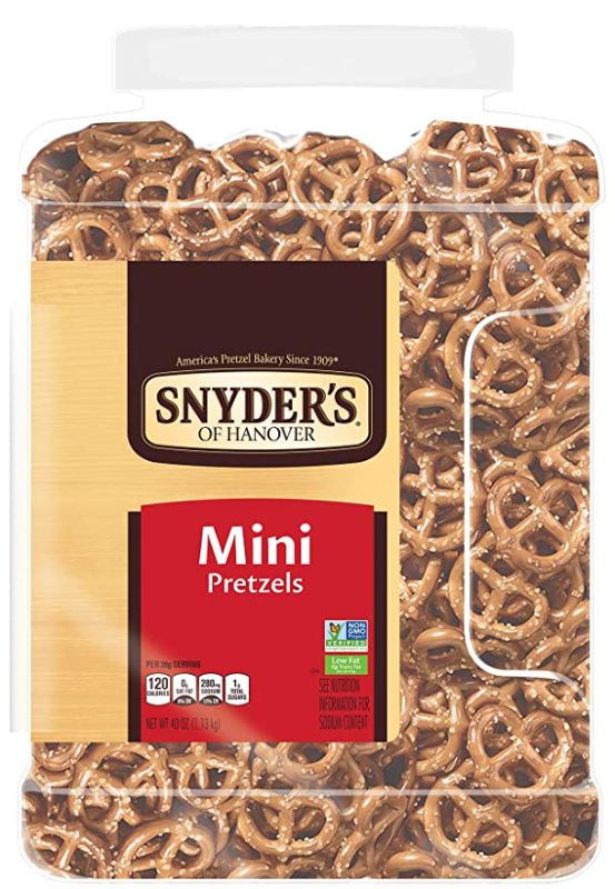 Photo 1 of 2PC LOT
Snyder's of Hanover Mini Pretzels, 40 oz Canister, EXP 08/09/2021

Plum Organics Mighty 4, Organic Toddler Food, Banana, Blueberry, Sweet Potato, Carrot, Greek Yogurt and Millet, 4 Ounce (Pack of 6), EXP 11/16/2021