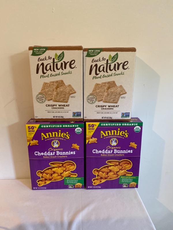 Photo 3 of 4PC LOT
Back to Nature Crackers, Non-GMO Crispy Wheat, 8 Ounce, (2 COUNT), EXP 09/09/2021

Annie's Organic Cheddar Bunnies Baked Snack Crackers, 11.25 oz, (2 COUNT), EXP 10/16/2021