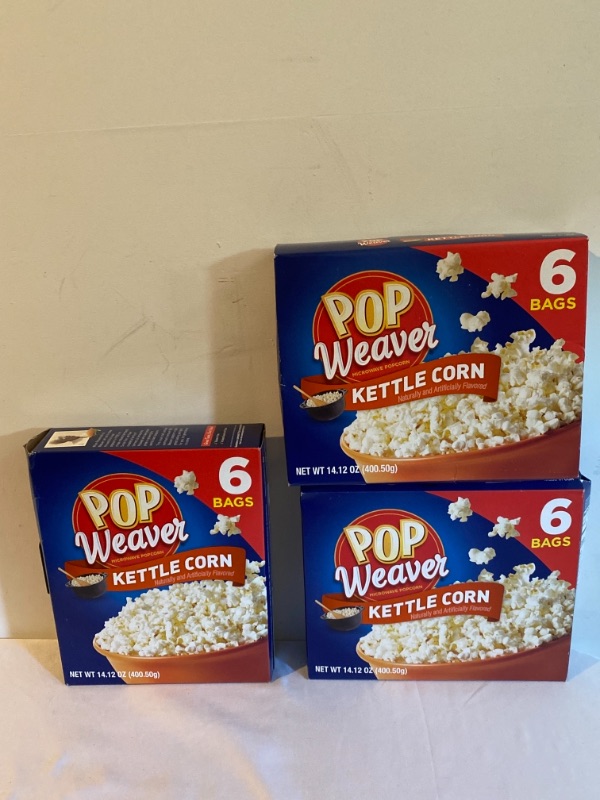 Photo 4 of 5PC LOT
Pop Weaver Kettle Corn Microwave Popcorn 14.04 Oz, 6 Ct, 3 BOXES
EXP 10/28/2021

Annie's Organic Cheddar Bunnies Baked Snack Crackers, 11.25 oz, 2 COUNT
EXP 10/16/2021