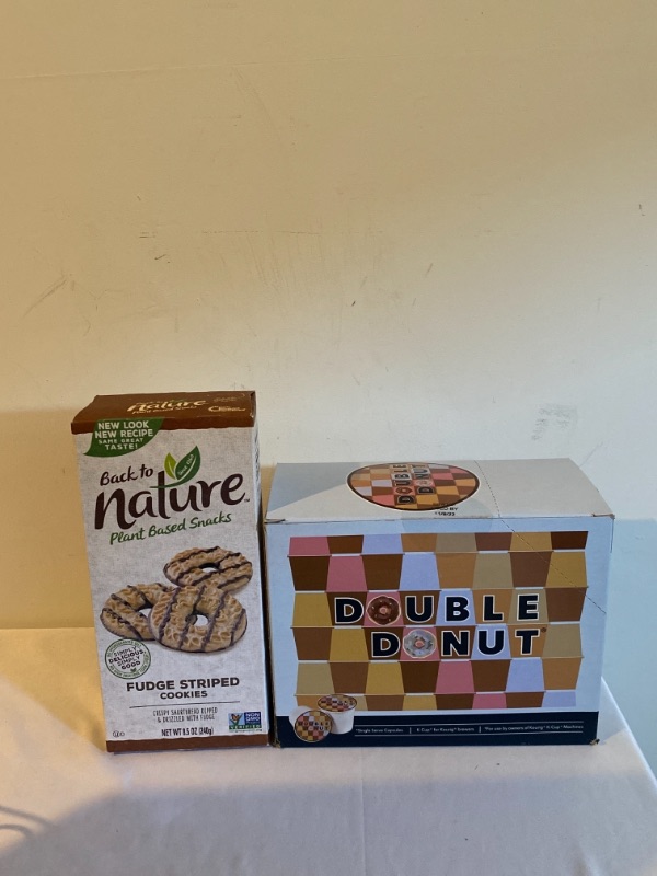 Photo 3 of 2PC LOT
Back to Nature Cookies, Non-GMO Fudge Striped Shortbread, 8.5 Ounce, EXP 08/27/2021

Caramel Swirl Medium Roast Decaf Flavored Coffee Pods for Keurig K Cups Makers from Double Donut, 24 Capsules, EXP 11/09/2022
