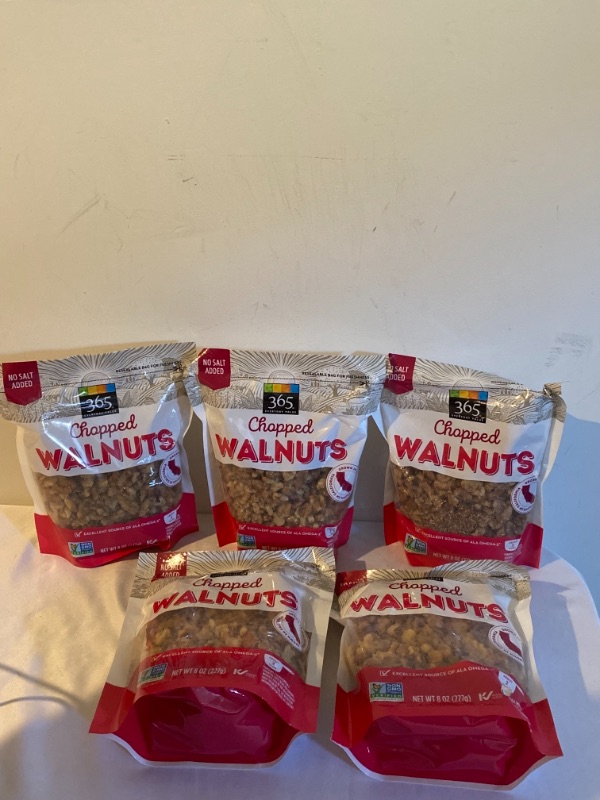 Photo 1 of 5PC LOT
365 by WFM, Walnuts Chopped, 8 Ounce, 5 COUNT
EXP 09/21/2021