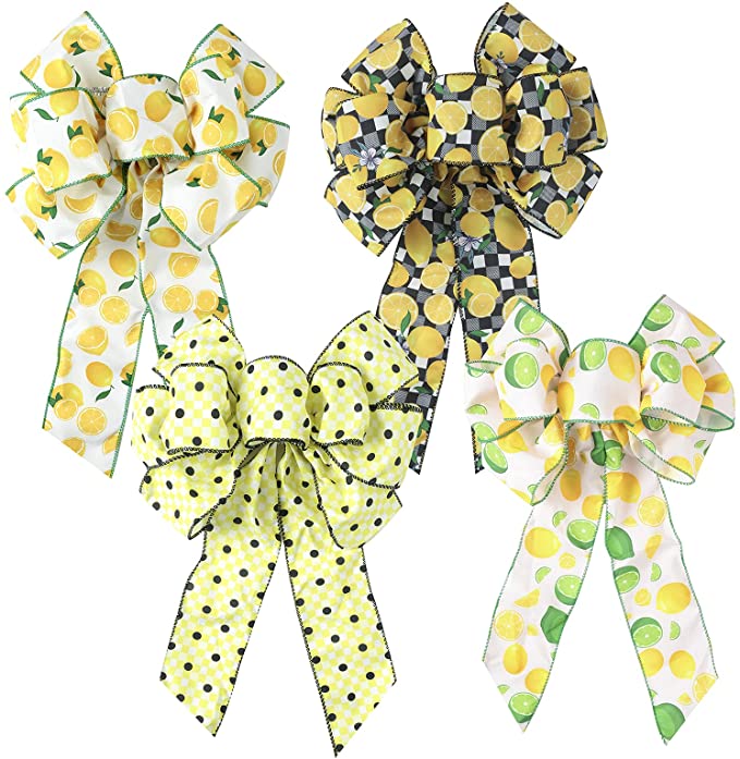 Photo 1 of FLASH WORLD 4Pcs Large Summer Wreath Bow,Yellow Lemon Dots Black and White Plaid Bow,Wired Edge ?Decorative Bow for Indoor Outdoor Bunting Wreath Sign Summer Party Door Wall Decoration…