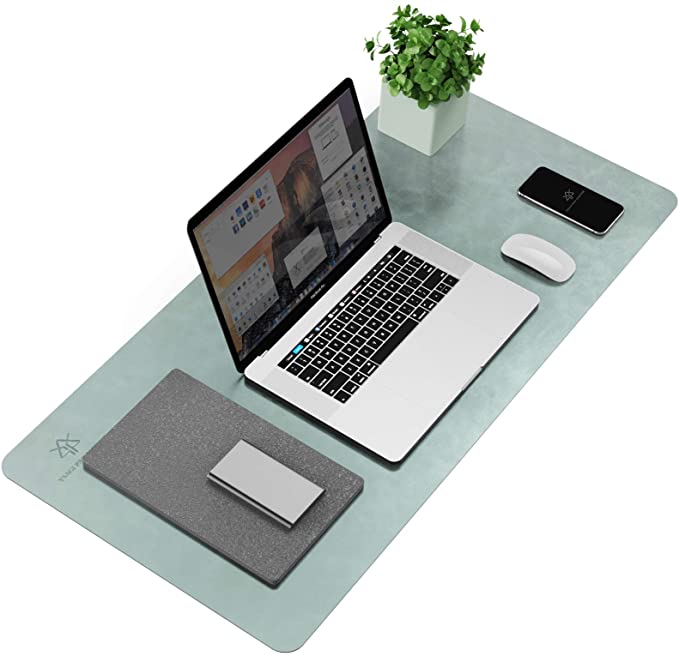 Photo 1 of Leather Desk Pad, Non-Slip Office Desk Pad Protector, Easy Clean Waterproof Desk Blotter, Non-Sticky Laptop Desk Writing Mat Mouse Pad (Greyish-Blue, 31.5" x 15.7")