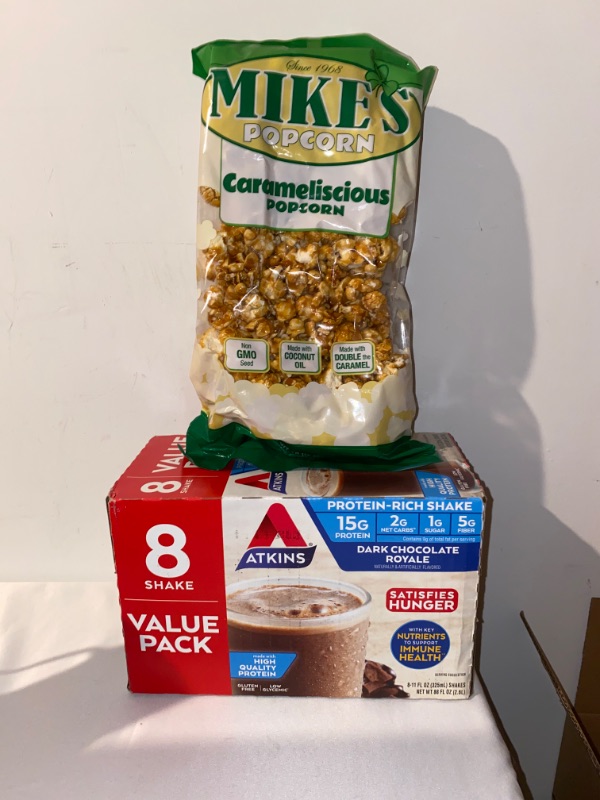 Photo 3 of 2PC LOT
Atkins Gluten Free Protein-Rich Shake, Dark Chocolate Royale, Keto-Friendly, 8 Count, EXP 07/15/2022

Mike's Popcorn, Carameliscious, 18-Ounce, EXP 11/02/2021