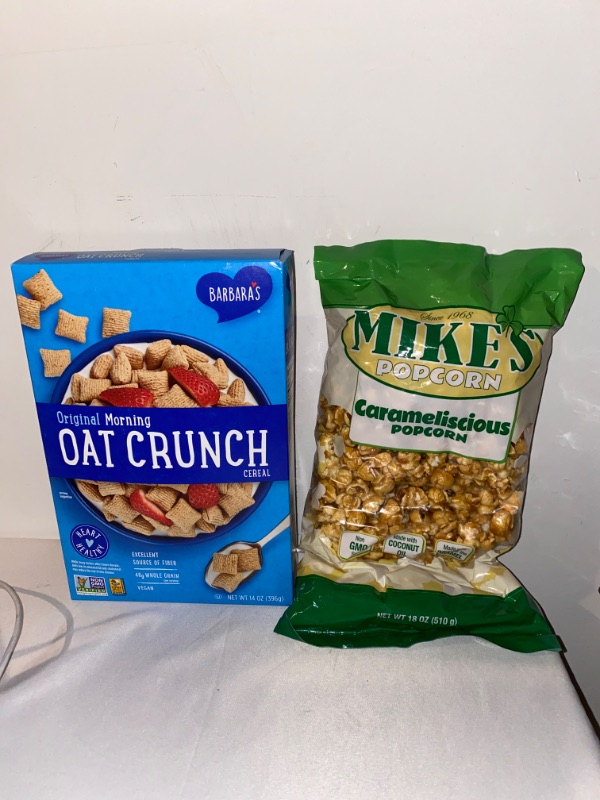 Photo 3 of 2PC LOT
Mike's Popcorn, Carameliscious, 18-Ounce, EXP 11/02/2021
Barbara's, Non-Gmo Cereal, Morning Oat Crunch, 14 Oz (Packaging May Vary), EXP 12/09/2021
