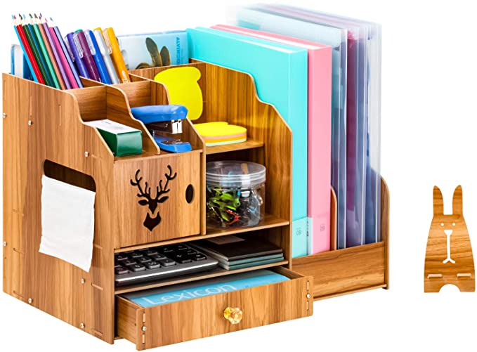 Photo 1 of Wooden Desk Organizer, Multi-Functional Desk File Organizer with Drawer, Large Capacity Organizer for Office Home Supplies, FACTORY SEALED 