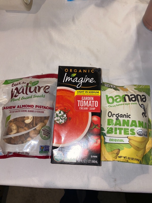 Photo 4 of 3PC LOT
Barnana Organic Chewy Banana Bites, Original, 3.5 Ounce (Pack of 1) - Packaging May Vary, EXP 11/23/2021

Imagine Organic Creamy Soup, Light Sodium Garden Tomato, 32 oz, EXP 12/18/2021

Back to Nature Trail Mix, Non-GMO Cashew Almond Pistachio Ble