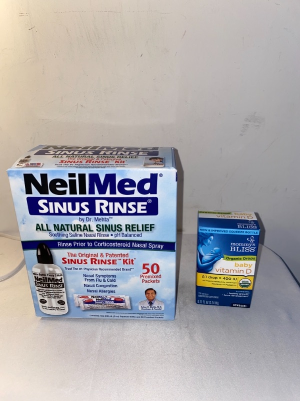 Photo 3 of 2PC LOT
NeilMed Sinus Rinse - A Complete Sinus Nasal Rinse Kit, 50 count (Pack of 1)

Mommy's Bliss Organic Drops No Artificial Color, Vitamin D, 0.11 Fl Oz, EXP 11/2022