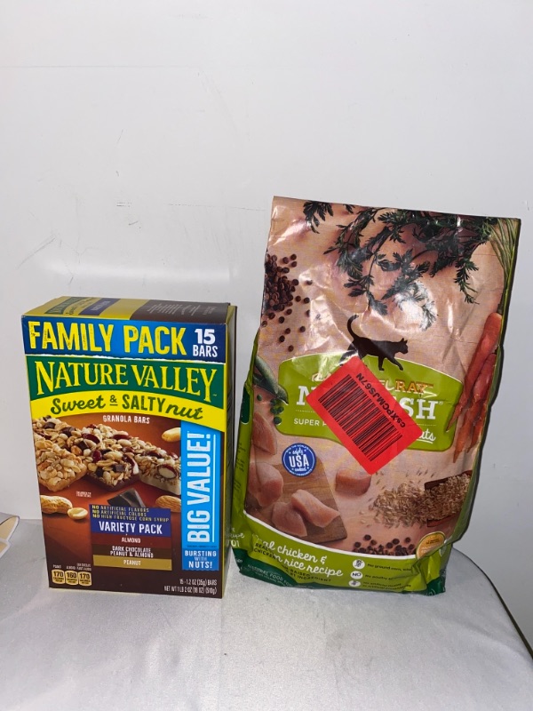 Photo 1 of 2PC LOIT
Rachael Ray Nutrish Super Premium Dry Cat Food with Real Meat & Brown Rice, EXP 01/07/2022

Nature Valley Sweet and Salty Nut Variety Pack 15Ct : Peanut, Almond, and Dark Chocolate, Peanut and Almond Granola Bars, 11/22/2021