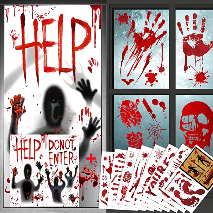 Photo 1 of 4PC LOT
Bloody Halloween Decorations- 2 Sets Halloween Window Clings Poster & 8 Sets Bloody Handprint Decal Door Stickers, Indoor Outdoor Decor for Halloween Party Decorations, 4 COUNT