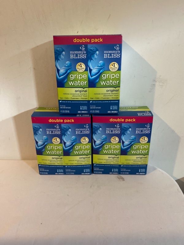 Photo 2 of 3PC LOT
Mommy's Bliss Gripe Water for Babies - Double Pack, Relieves Stomach Discomfort from Gas, Colic, Fussiness & Hiccups, Age 2 Weeks+, Pack of 2 (Total 8 Fl Oz), 3 COUNT, EXP 11/2022