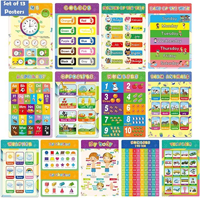 Photo 1 of Educational Posters, ABC Poster, 13 Pack Times Table Preschool Learning Posters for Pre K-K, 1-100 Educational Charts for Preschoolers Kindergarten Home Classroom Decor with Glue Dots -16.5 x 11 Inch