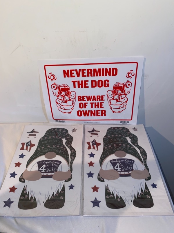 Photo 3 of 3PC LOT
4th of July Window Clings - 9 Sheets Independence Day Gnome Static Window Stickers for Home Cafe Restaurant Car, 91 Pieces Double Sided American Flag Window Decal for Patriotic Party Supplies Decor, 2 COUNT

BAZIC Never Mind The Dog Beware of Owne