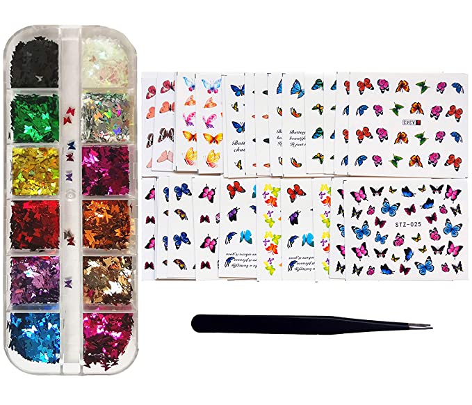Photo 1 of 12 Color Butterfly Glitter for Butterfly Nail Art , Mix 30 Sheets Butterfly Nail Decals Stickers, Holographic Nail Decorations Nail Stickers for Women