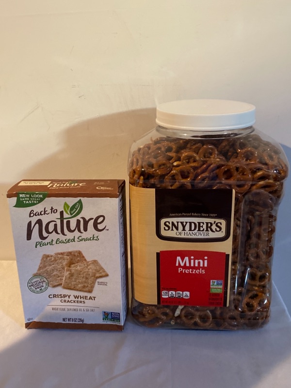 Photo 3 of 2PC LOT 
Back to Nature Plant Based Snacks Crispy Wheat Crackers 8 oz. Box, EXP 10/11/2021

Snyder's of Hanover Mini Pretzels, 40 Oz Canister, EXP 08/07/2021
