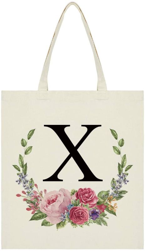 Photo 1 of Personalized Tote Bag Floral Initial Canvas Tote Bags for Women, Monogram Bag for Bridesmaids Wedding Bachelorette Party (Letter X)