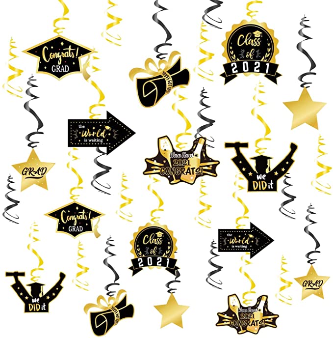 Photo 1 of 2PC LOT
2021 Graduation Hanging Decorations Swirls,Graduation Party Supplies Decorations Hanging Swirl, Black & Gold Foil Hanging Swirls for College Graduation Decorations by ACXOP (30)

Amosfun 2021 Graduation Photo Props Handheld Photo Booth Props Pre-G