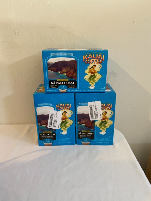 Photo 2 of 3PC LOT
Kauai Coffee Single-Serve Pods, Na Pali Coast Dark Roast – 100% Arabica Coffee from Hawaii’s Largest Coffee Grower, Compatible with Keurig K-Cup Brewers - 12 Count, (3PKS), 1 BOX IS OPENED, CONTENT INSIDE IS SEALED.
EXP 06/16/2022