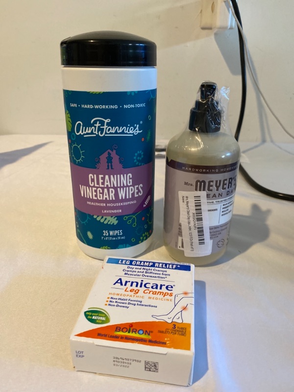 Photo 4 of 3PC LOT
Aunt Fannie's Vinegar Cleaning Wipes, 35 Count (Lavender, Single Pack)

Mrs. Meyer's Clean Day Liquid Hand Soap, Lavender, 12.5 Fl Oz (Pack of 1)

Boiron Arnicare Leg Cramps Homeopathic Medicine for Pain Relief, 11 Count (Pack of 3) EXP 03/2022