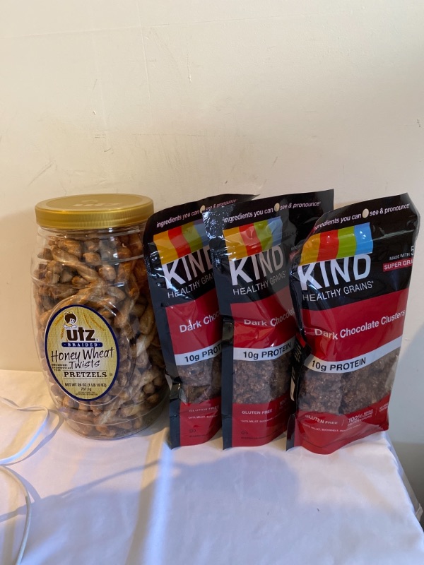 Photo 3 of 4PC LOT
Utz Honey Wheat Braided Pretzel Twists – 26 oz Barrel – Sweet Honey Taste, Thick, Crunchy Pretzel Twists, Perfect for Dipping and Snacks, Zero Cholesterol Snack Food Package May Vary, EXP 12/20/2021

KIND Healthy Grains Clusters, Dark Chocolate Gr