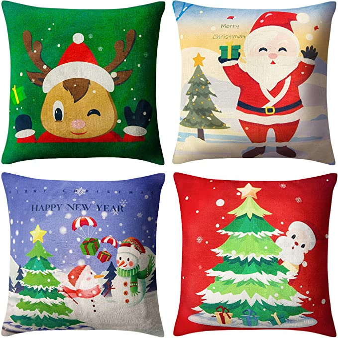 Photo 1 of BININBOX Christmas Pillow Covers Set of 4 Holiday Throw Pillow Covers 18x18 Inches Linen Christmas Tree Snowman Reindeer Santa Decorative Christmas Pillowcase