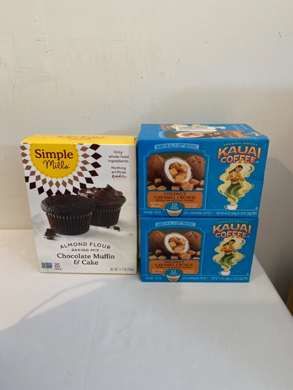 Photo 3 of 3PC LOT
Kauai Coffee Single-Serve Pods, Na Pali Coast Dark Roast – 100% Arabica Coffee from Hawaii’s Largest Coffee Grower, Compatible with Keurig K-Cup Brewers - 12 Count, 2 BOXES, EXP 05/26/2022

Simple Mills Almond Flour, Gluten Free Chocolate Cake Bak